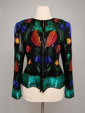 Laurence Kazar NY Silk Sequin Beaded Floral Evening Jacket Art Deco VTG